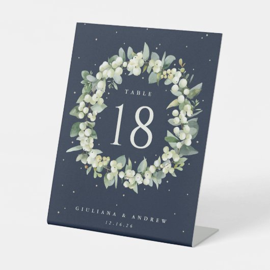 Navy Snowberry + Eucalyptus Trouwtafel nummer Reclamebord Met Voetstuk (Voorkant)