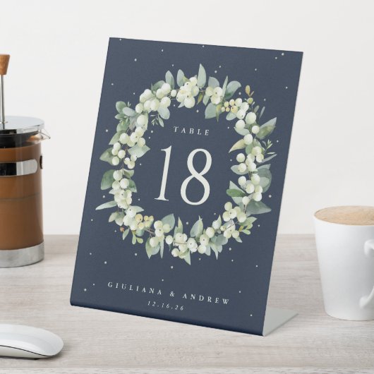 Navy Snowberry + Eucalyptus Trouwtafel nummer Reclamebord Met Voetstuk (Insitu)