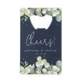 Navy Snowberry + Eucalyptus Winter Bruiloft Mini Creditkaart Flessenopener (Voorkant)