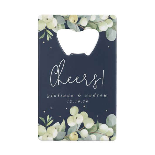 Navy Snowberry + Eucalyptus Winter Bruiloft Mini Creditkaart Flessenopener (Voorkant)