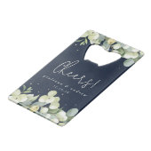 Navy Snowberry + Eucalyptus Winter Bruiloft Mini Creditkaart Flessenopener (Voorkant Gekanteld)
