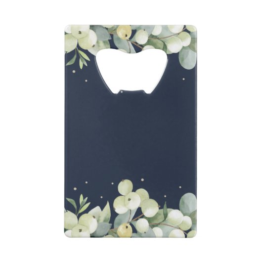 Navy Snowberry + Eucalyptus Winter Bruiloft Mini Creditkaart Flessenopener (Achterkant)