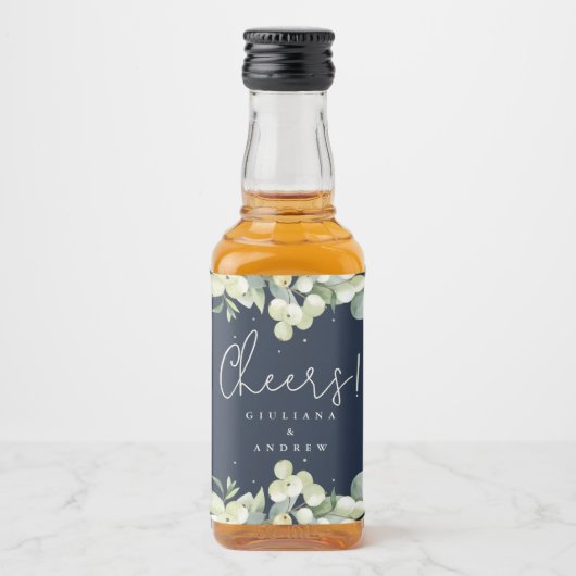 Navy Snowberry + Eucalyptus Winter Bruiloft Mini Likeurfles Etiket (Voorkant)