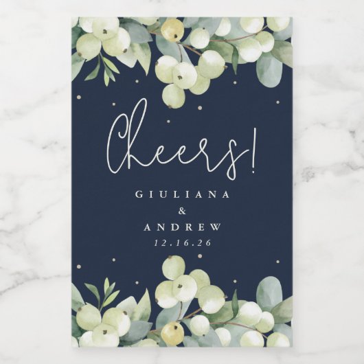 Navy Snowberry + Eucalyptus Winter Bruiloft Mini Wijn Etiket (Enkel label)
