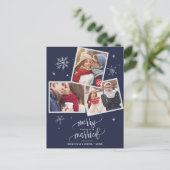 Navy Snowflake | 3 Kerstmis met foto's Feestdagenkaart (Staand voorkant)