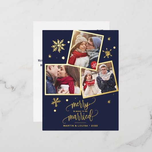 Navy Snowflake Folie 3 Verloving kerstmis Folie Feestdagen Briefkaart (Voorkant / Achterkant)
