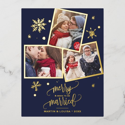 Navy Snowflake Folie 3 Verloving kerstmis Folie Feestdagen Briefkaart (Voorkant)
