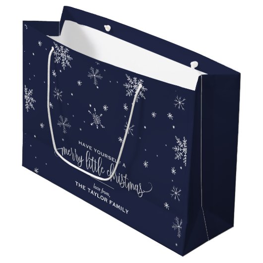 Navy Snowflake kerst Groot Cadeauzakje (Voorkant Gekanteld)