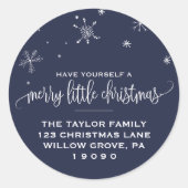 Navy Snowflake-kerstretouradres Ronde Sticker (Voorkant)