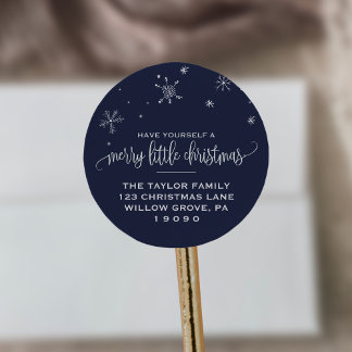 Navy Snowflake-kerstretouradres Ronde Sticker