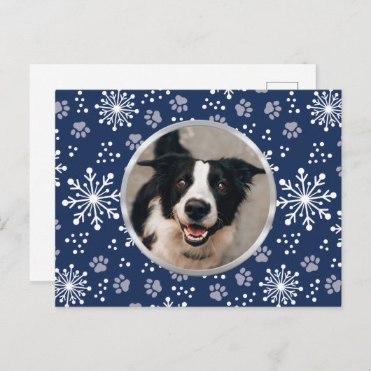 Navy Snowflake Paw Pattern Foto Briefkaart (Voorkant / Achterkant)