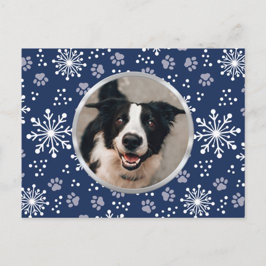 Navy Snowflake Paw Pattern Foto Briefkaart (Voorkant)