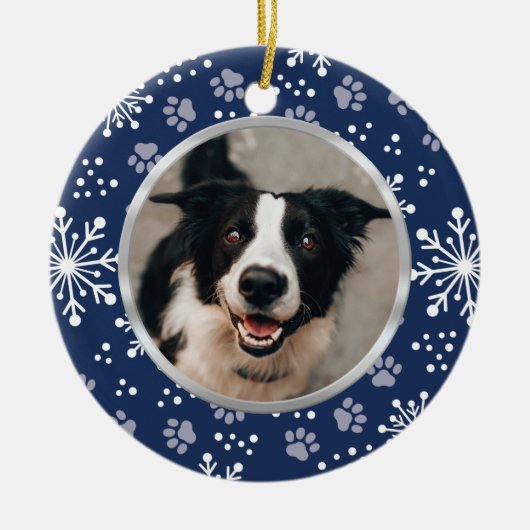 Navy Snowflake Paw Pattern Foto Keramisch Ornament (Voorkant)