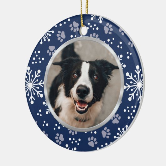 Navy Snowflake Paw Pattern Foto Keramisch Ornament (Links)