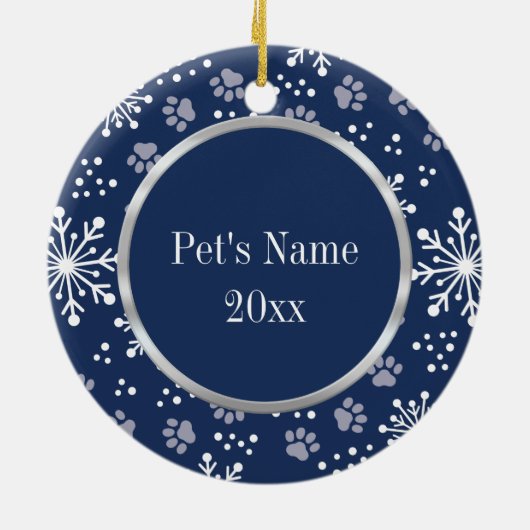 Navy Snowflake Paw Pattern Foto Keramisch Ornament (Achterkant)