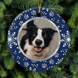 Navy Snowflake Paw Pattern Foto Keramisch Ornament