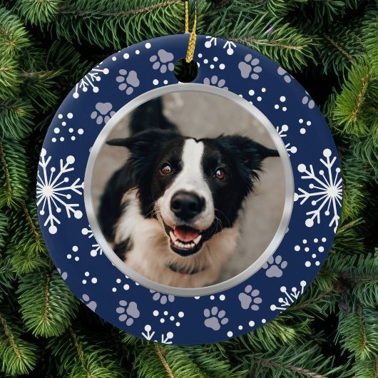 Navy Snowflake Paw Pattern Foto Keramisch Ornament