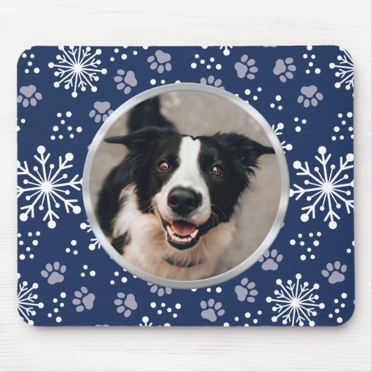 Navy Snowflake Paw Pattern Foto Muismat (Voorkant)