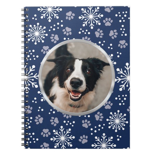 Navy Snowflake Paw Pattern Foto Notitieboek (Voorkant)