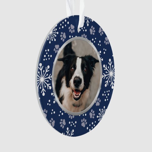 Navy Snowflake Paw Pattern Foto Ornament (voorkant)