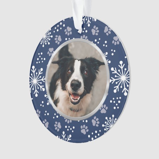 Navy Snowflake Paw Pattern Foto Ornament (voorkant)