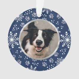 Navy Snowflake Paw Pattern Foto Ornament