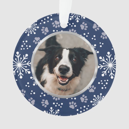 Navy Snowflake Paw Pattern Foto Ornament (voorkant)