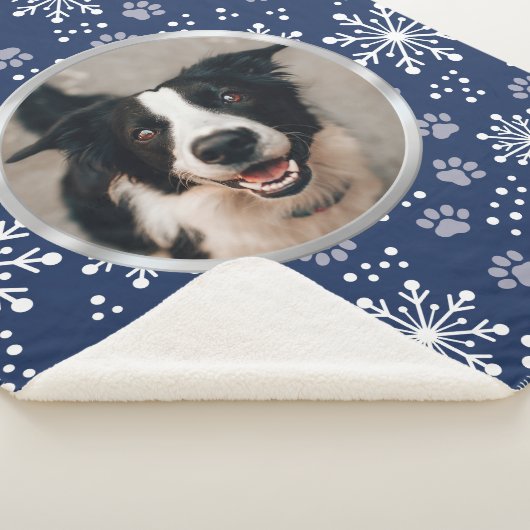 Navy Snowflake Paw Pattern Foto Sherpa Deken (3/4)