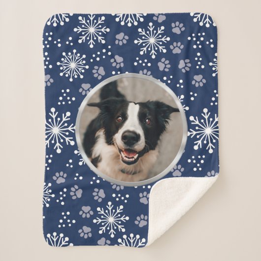 Navy Snowflake Paw Pattern Foto Sherpa Deken (Voorkant)