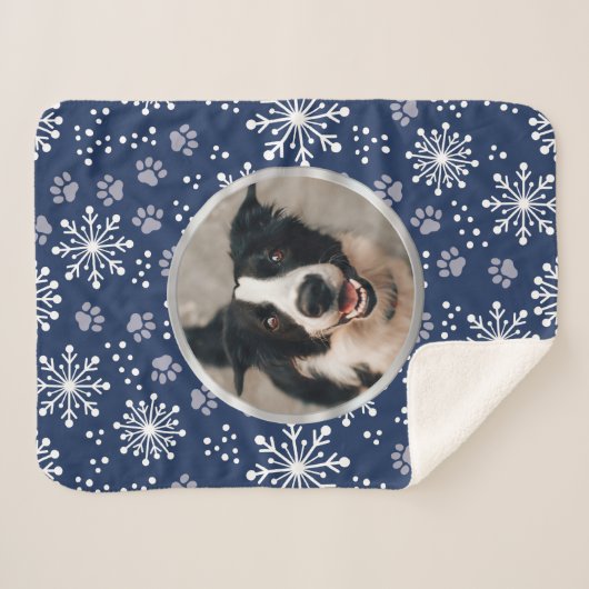 Navy Snowflake Paw Pattern Foto Sherpa Deken (Voorkant (horizontaal))