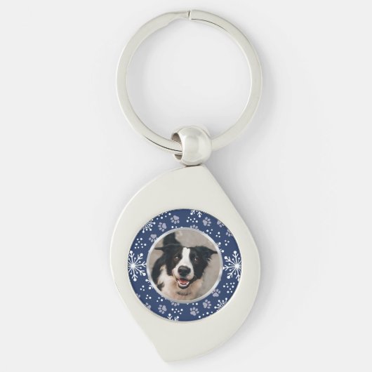 Navy Snowflake Paw Pattern Foto Sleutelhanger (Voorkant)