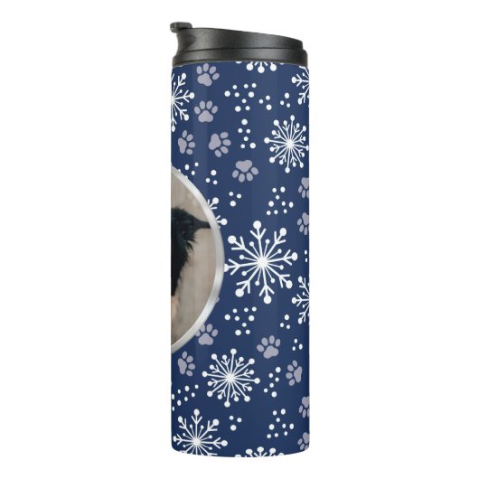 Navy Snowflake Paw Pattern Foto Thermosbeker (Geroteerd rechts)