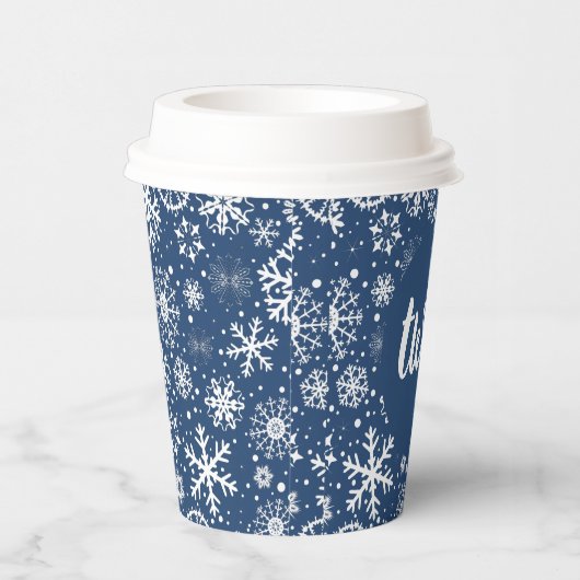Navy Snowflake TWO Paper Cup Papieren Bekers (Rechts)