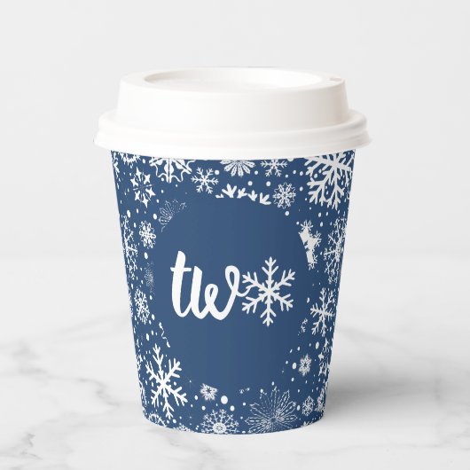 Navy Snowflake TWO Paper Cup Papieren Bekers (Voorkant)