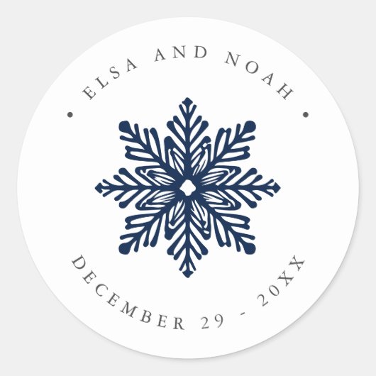 Navy Snowflake Wedding Christmas familie adres Ronde Sticker (Voorkant)