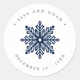 Navy Snowflake Wedding Christmas familie adres Ronde Sticker