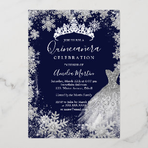 Navy Snowflake Winter Quinceanera Folie Uitnodiging