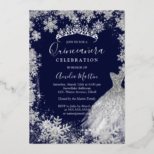 Navy Snowflake Winter Quinceanera Folie Uitnodiging (Voorkant)