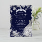 Navy Snowflake Winter Quinceanera Folie Uitnodiging (Staand Voorkant)