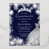 Navy Snowflake Winter Quinceanera Folie Uitnodiging (Voorkant)