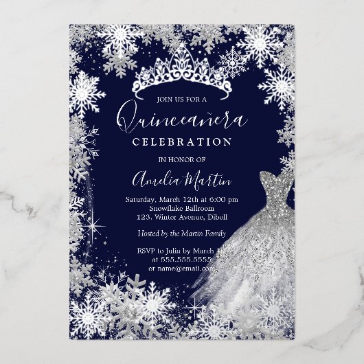 Navy Snowflake Winter Quinceanera Folie Uitnodiging (Voorkant)