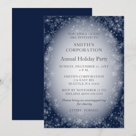 Navy Snowflakes Elegant Corporate Holiday Party Kaart (Voorkant / Achterkant)