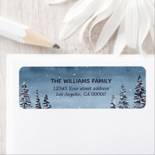 Navy Snowy Winter Trees Holiday Etiket
