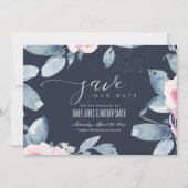 NAVY SOFT BLUSH BLUE FLORAL WATERVERF LIJST SAVE THE DATE (Voorkant)