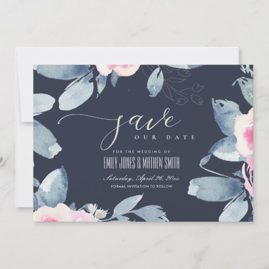 NAVY SOFT BLUSH BLUE FLORAL WATERVERF LIJST SAVE THE DATE (Voorkant)