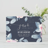 NAVY SOFT BLUSH BLUE FLORAL WATERVERF LIJST SAVE THE DATE (Staand voorkant)
