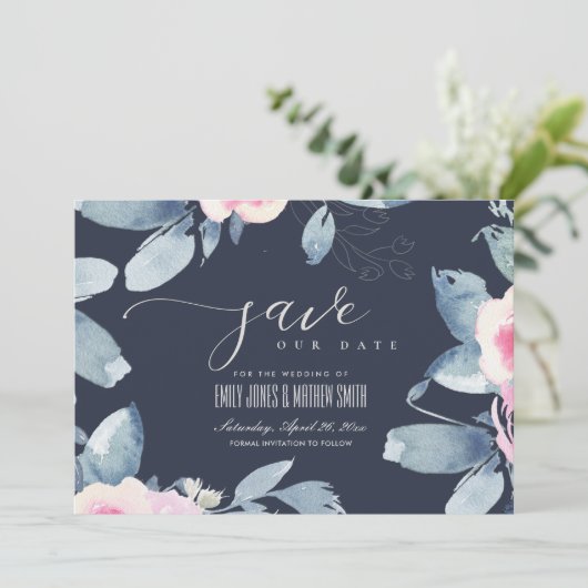 NAVY SOFT BLUSH BLUE FLORAL WATERVERF LIJST SAVE THE DATE (Staand voorkant)