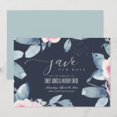 NAVY SOFT BLUSH BLUE FLORAL WATERVERF LIJST SAVE THE DATE (Voorkant / Achterkant)