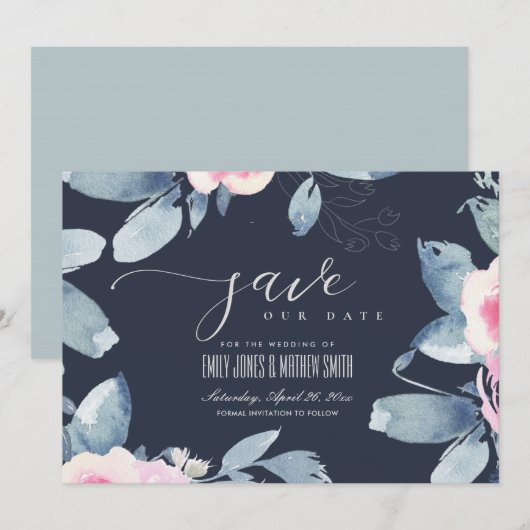 NAVY SOFT BLUSH BLUE FLORAL WATERVERF LIJST SAVE THE DATE (Voorkant / Achterkant)