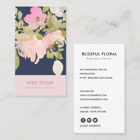 NAVY SOFT BLUSH PINK WATERVERF ROOS FLORAL BUNCH VISITEKAARTJE (Voorkant / Achterkant)